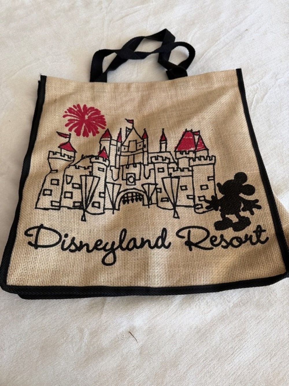 Disneyland Resort Jute Tote Bag in Natural and Black with Red Accents